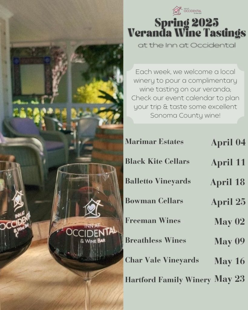 Veranda wine tasting with Pinot Noir at The Inn at Occidental in Sonoma County